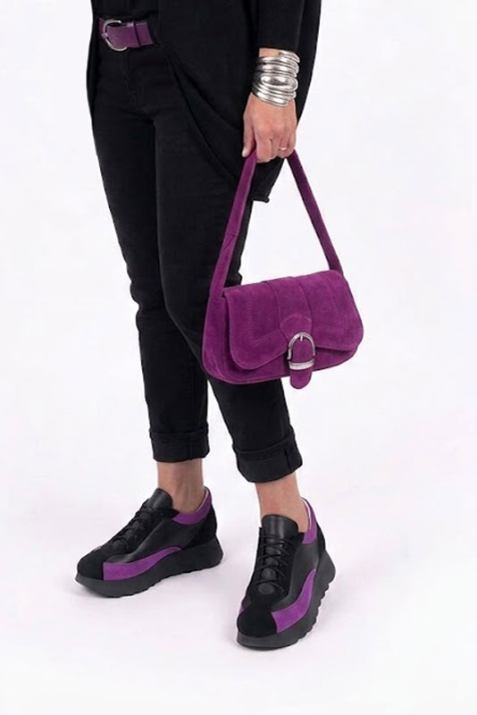 Dress sneakers in matt black, satin black and mauve purple leather with thick rubber soles and round toe - Worn view